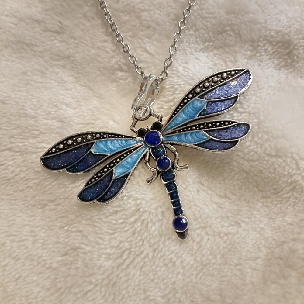 Blue dragonfly necklace with silver chain